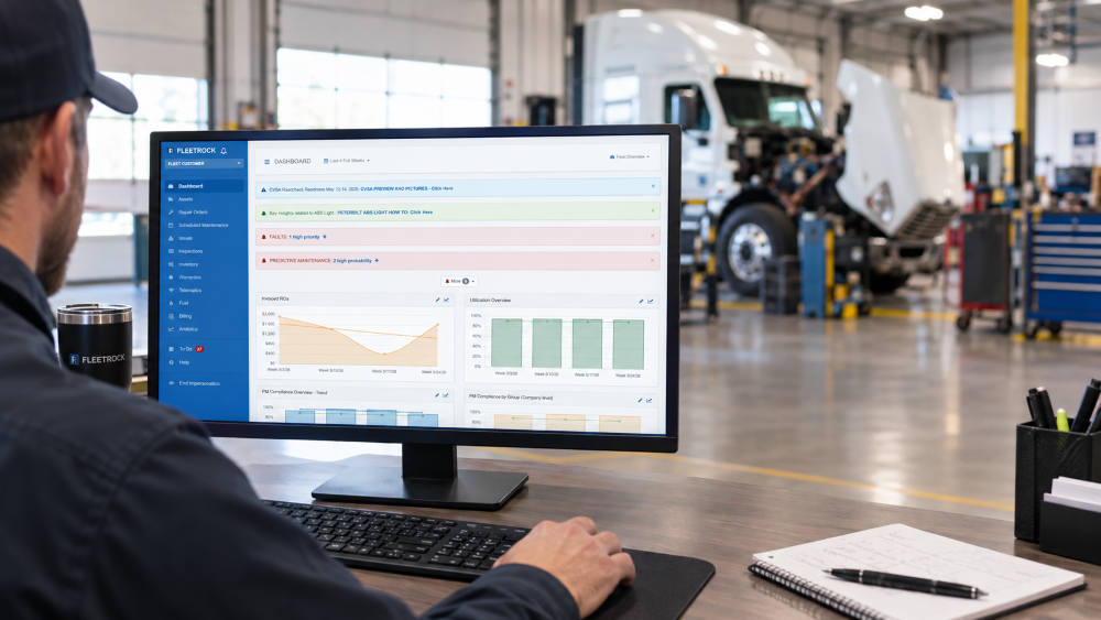 Fleet manager reviewing AI-generated maintenance insights on a laptop dashboard
