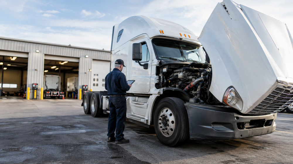 Truck sitting idle in a service yard while a repair is diagnosed